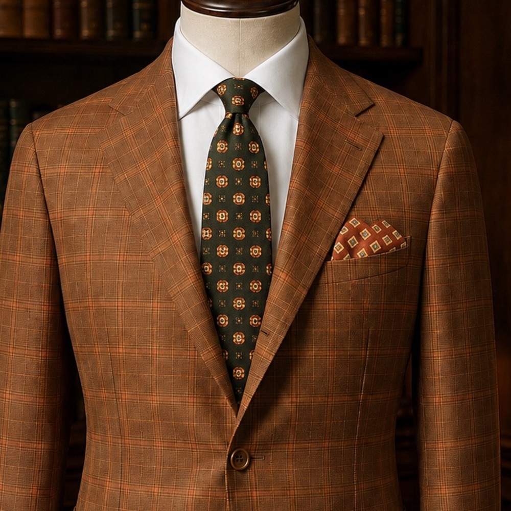 Kiton Cashmere Burnt Copper Sport Coat with Tangerine Windowpane |Kiton Silk Tie
